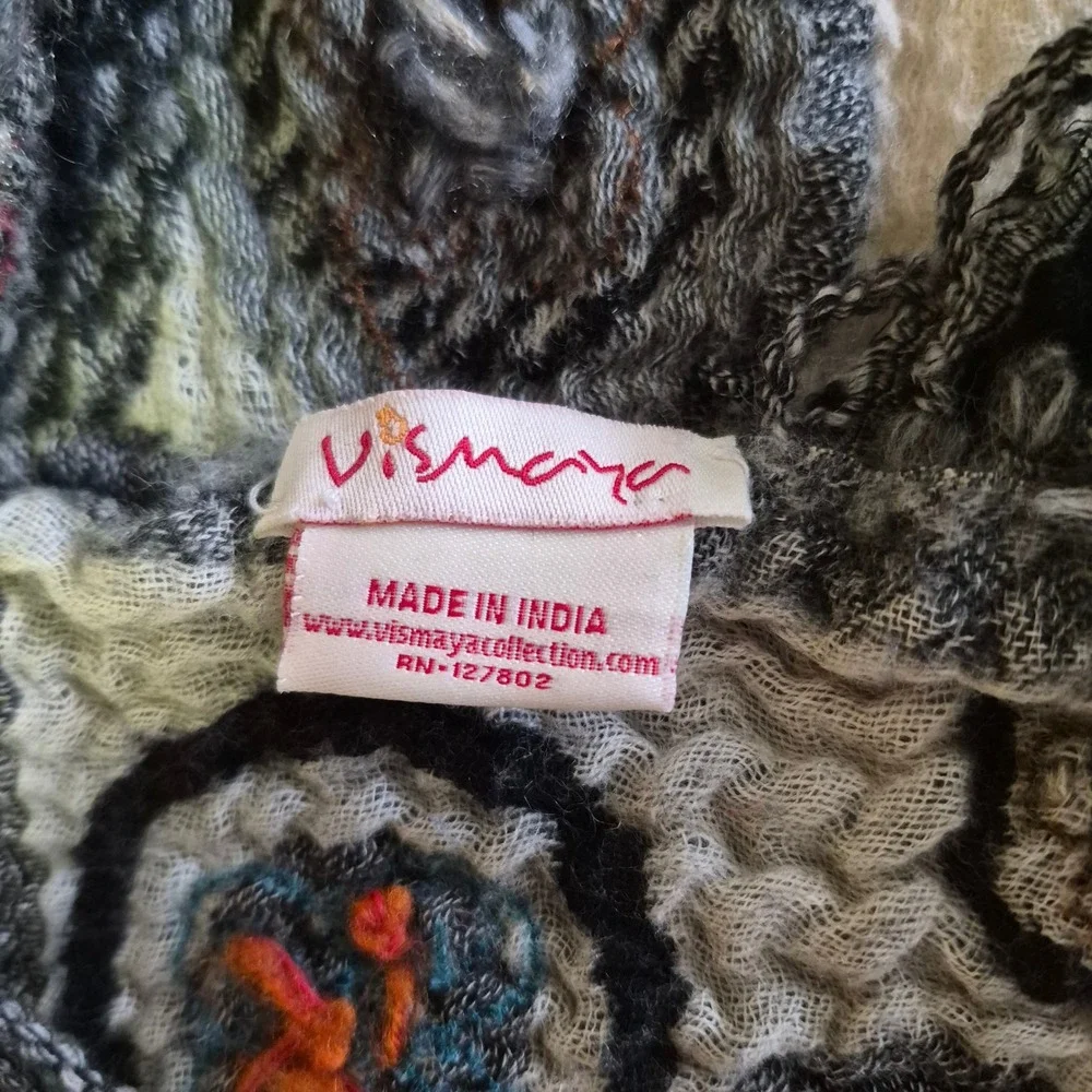 Vismaya 100% Wool Crinkle‎ Scarf Abstract Circle Pattern Fringe Wrap Cream Black